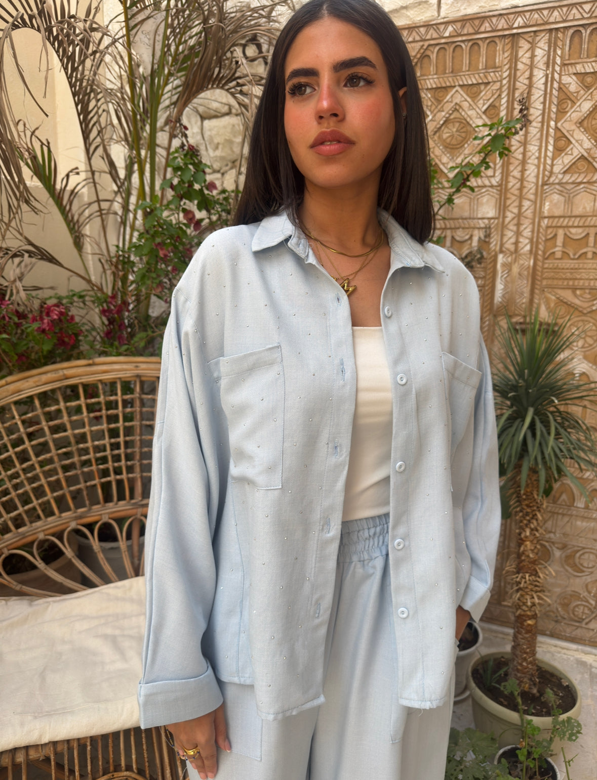Sky Linen studded Set