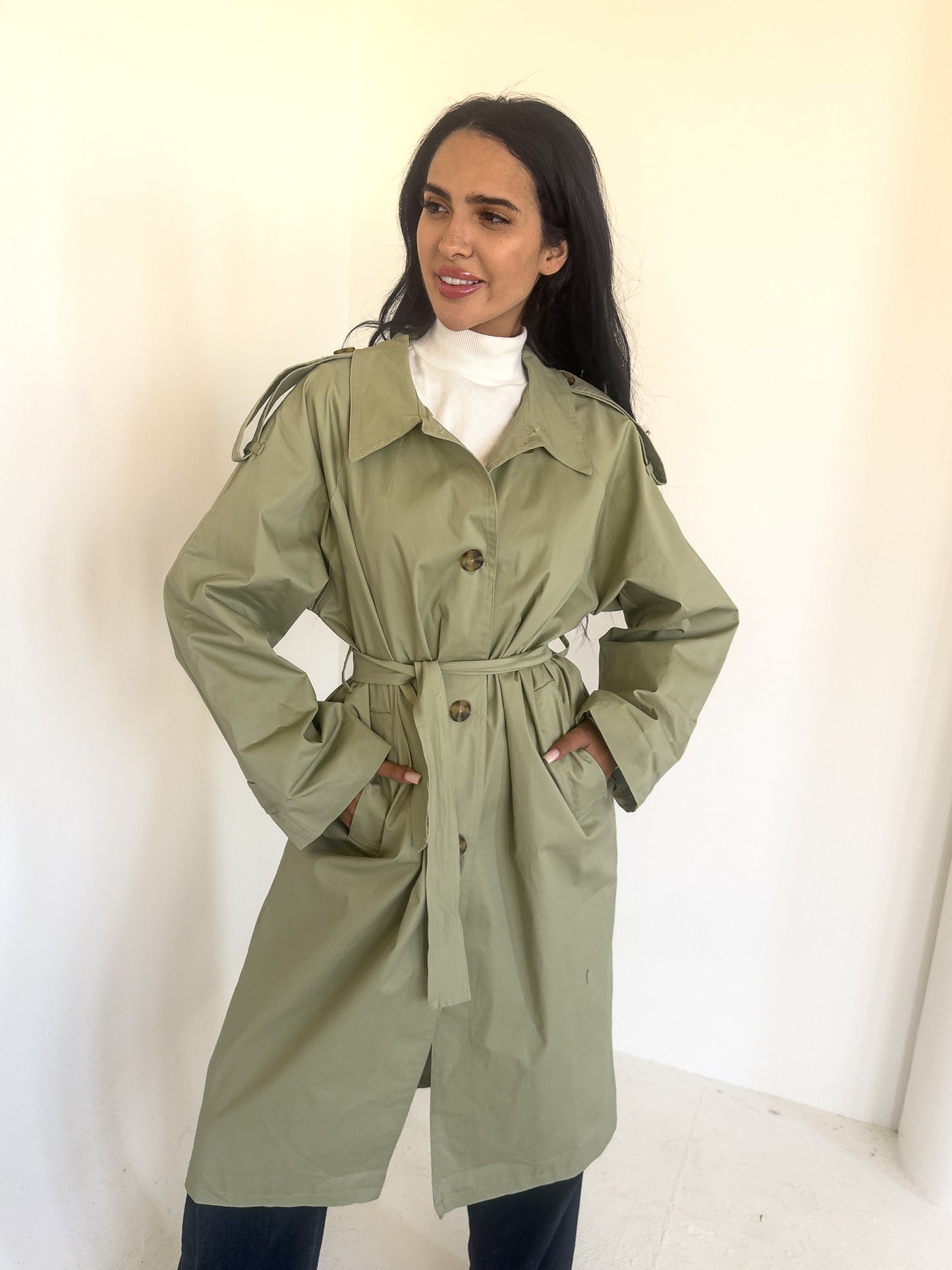 Olive Gaberdine Trench Coat