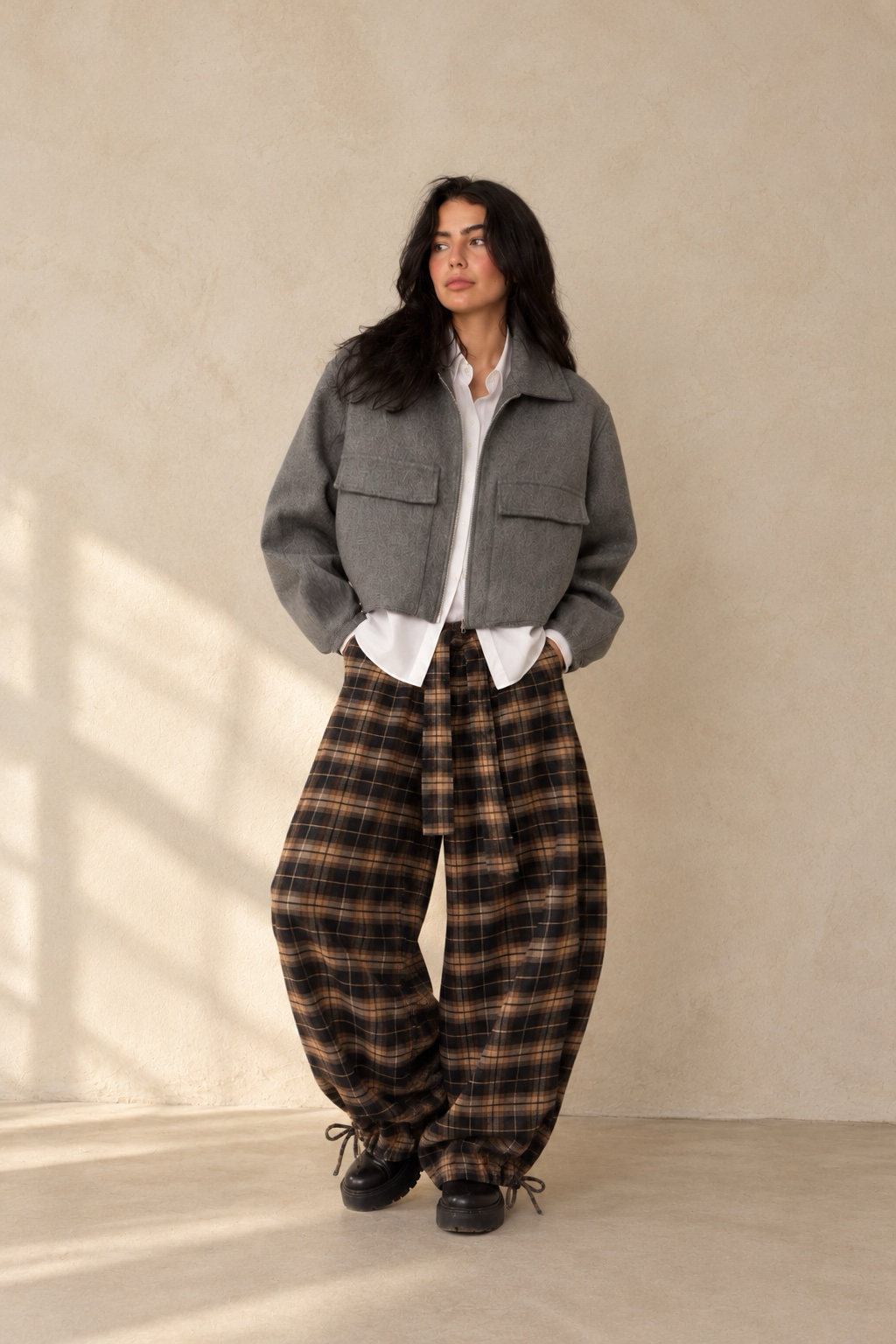 Wool Plaid Balloon Pant