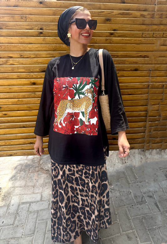 Black oversized leopard tshirt with long sleeves