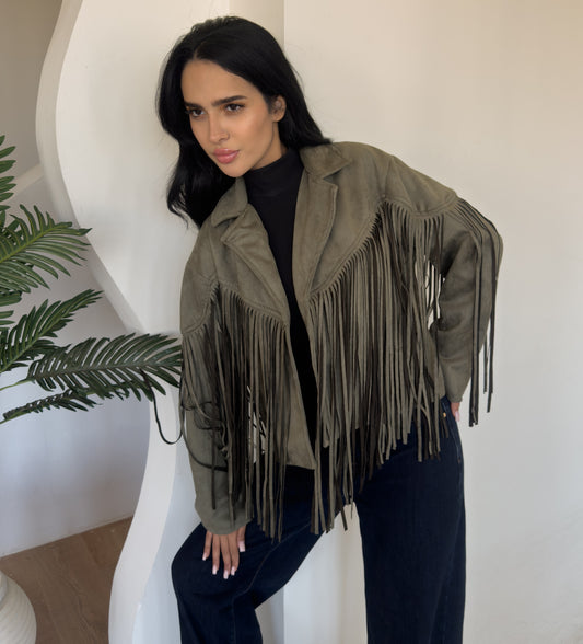 Fringes Olive Velvet Jacket