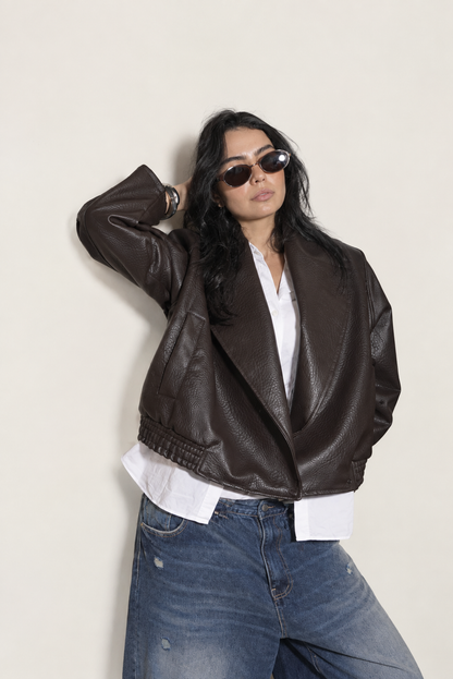 Elara Collar Brown Leather Jacket