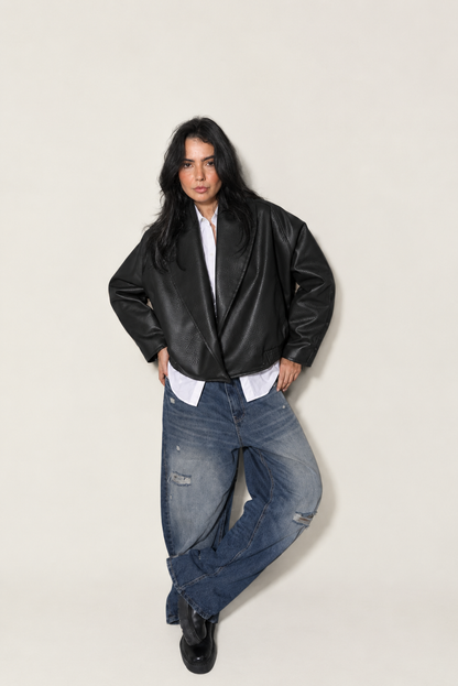 Elara Collar Black Leather Jacket