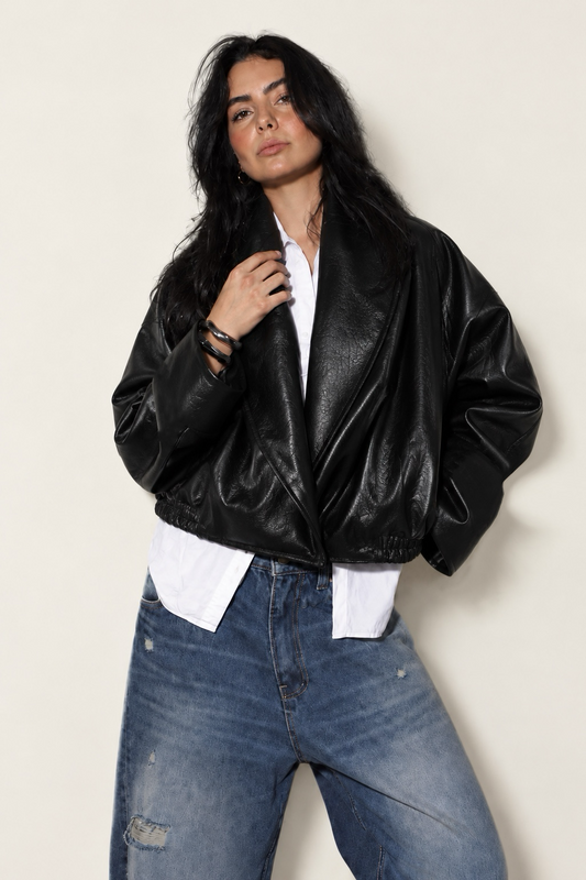 Elara Collar Leather Jacket In Black