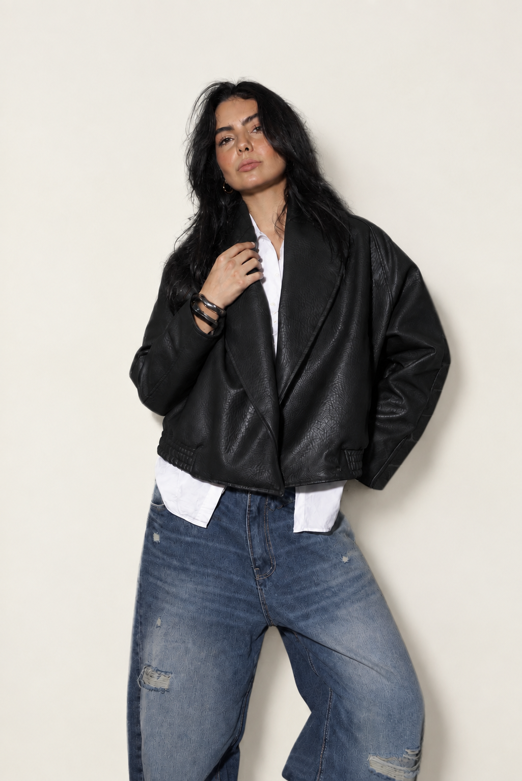 Elara Collar Black Leather Jacket