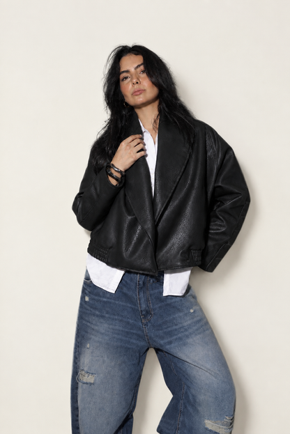 Elara Collar Black Leather Jacket
