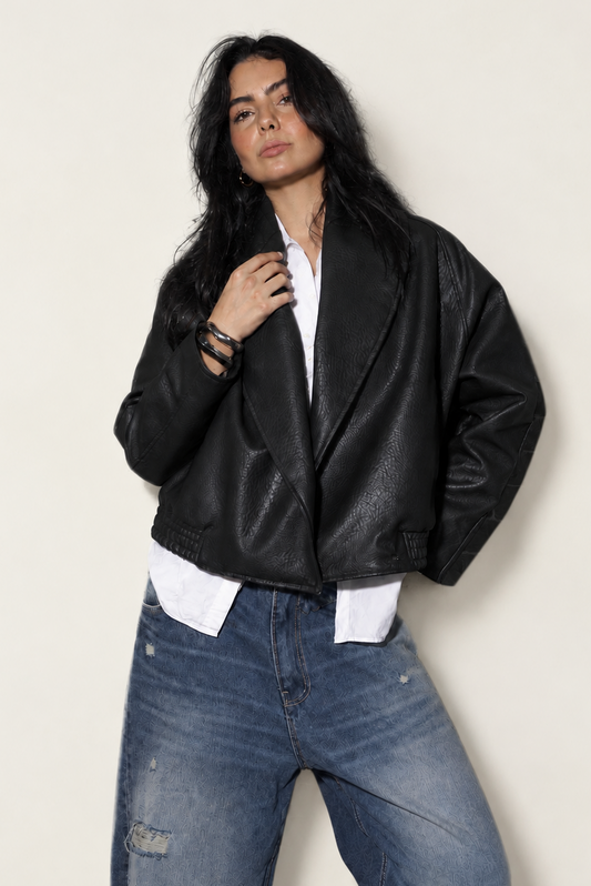 Elara Collar Black Leather Jacket