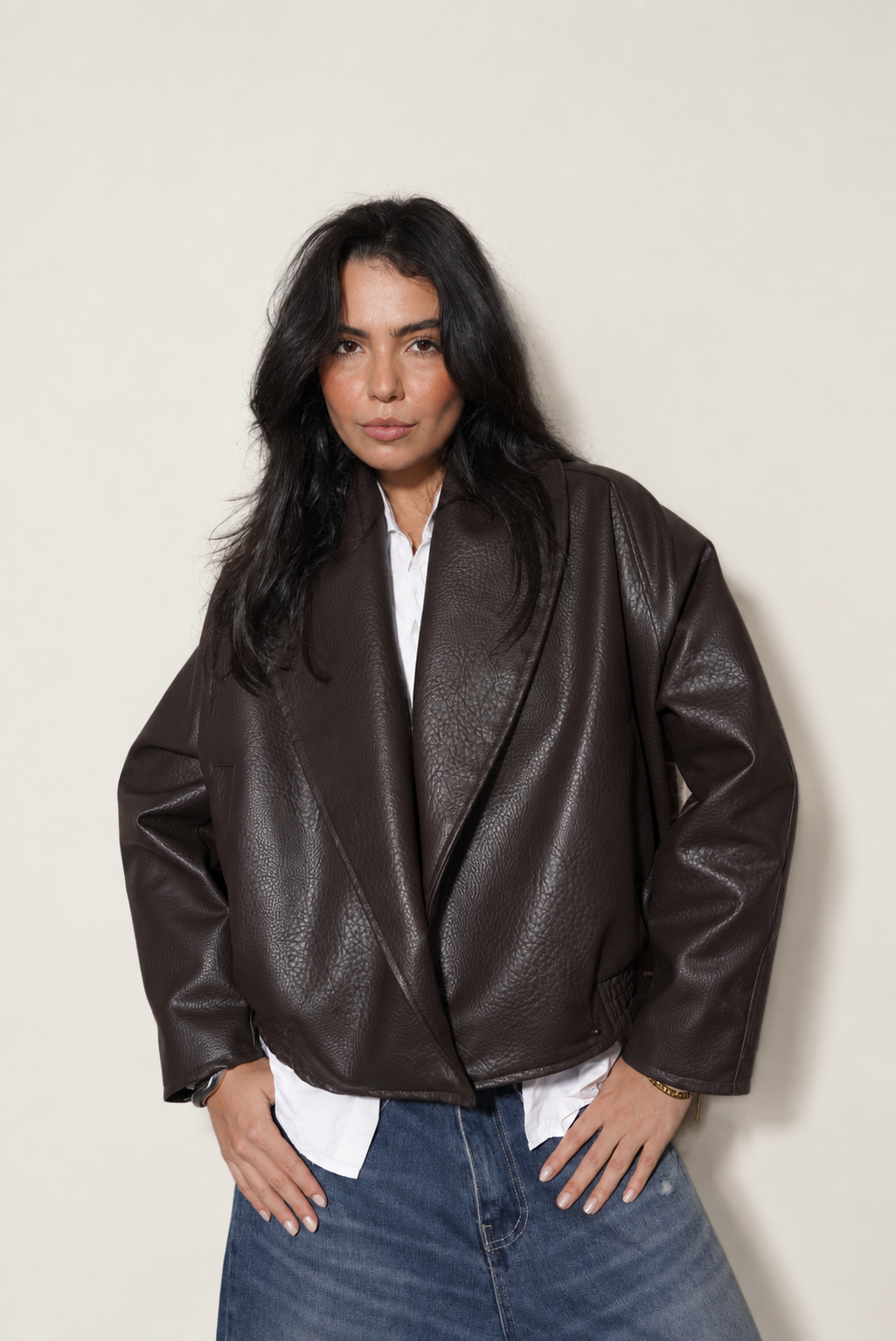 Elara Collar Brown Leather Jacket